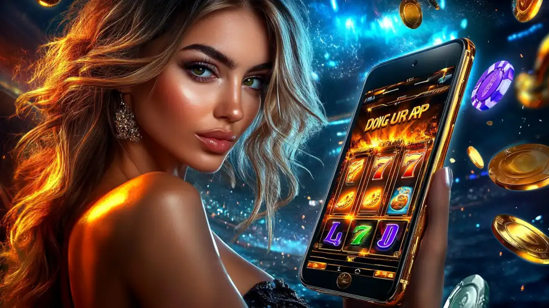 Blonde woman with flowing hair holding BDTFUN mobile device showing slot machine interface against cosmic blue and golden background