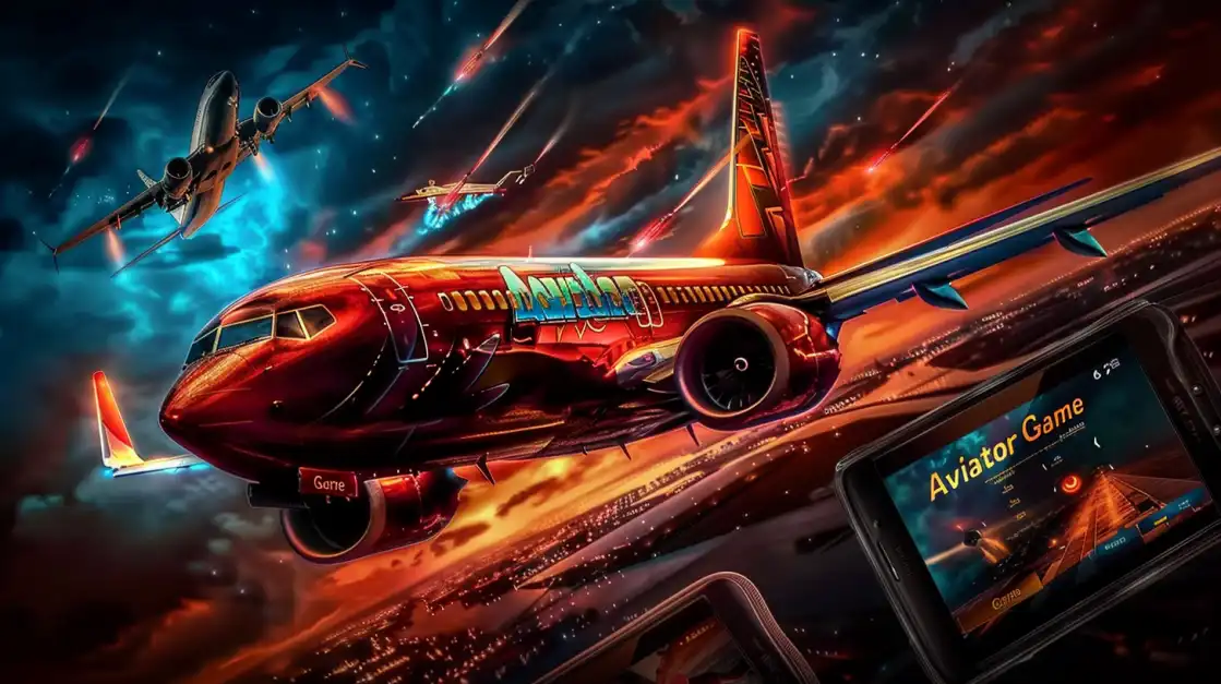 Red commercial airliner flying through dramatic cloudy sky with BDTFUN Aviator game interface displayed on mobile device