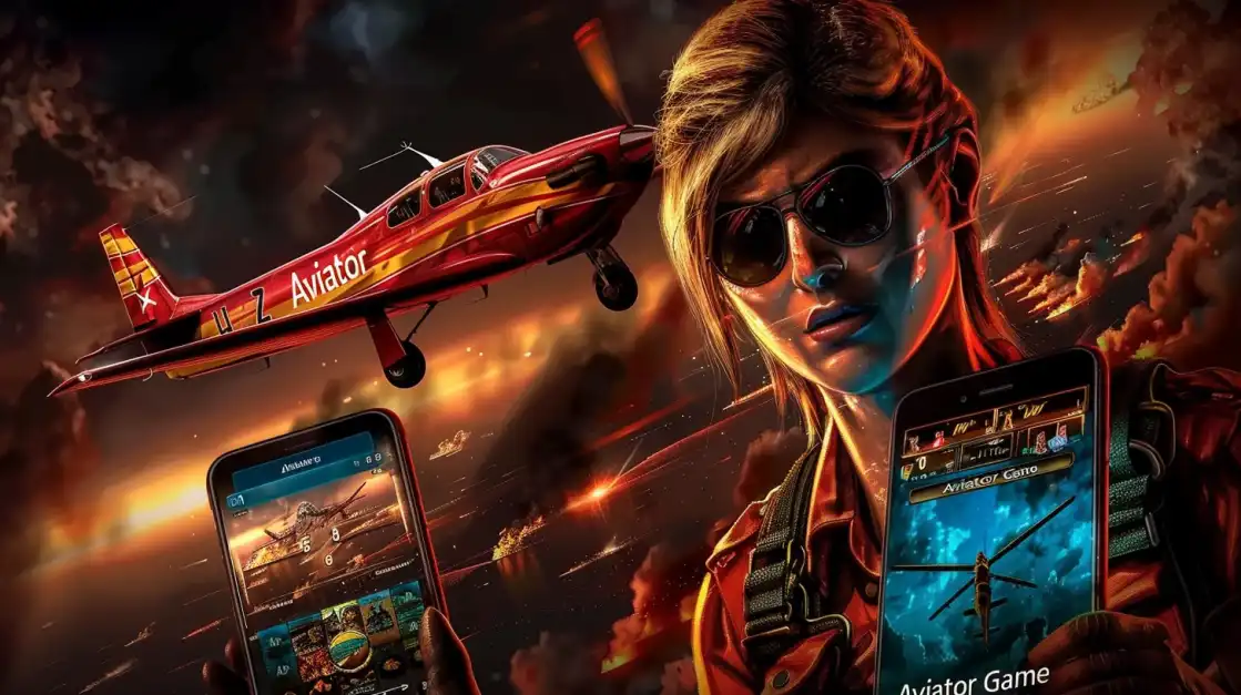 Stylish female pilot with aviator sunglasses showcasing BDTFUN Aviator game with red aircraft and mobile gaming interface