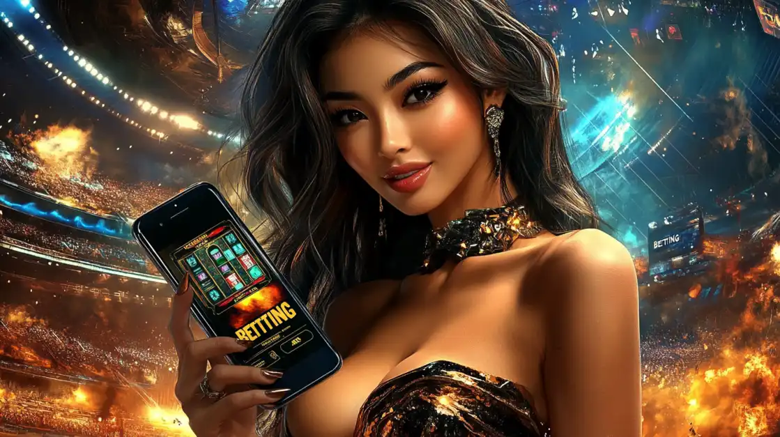 Glamorous woman with flowing hair holding BDTFUN sports betting mobile app in epic stadium setting with dramatic lighting atmosphere