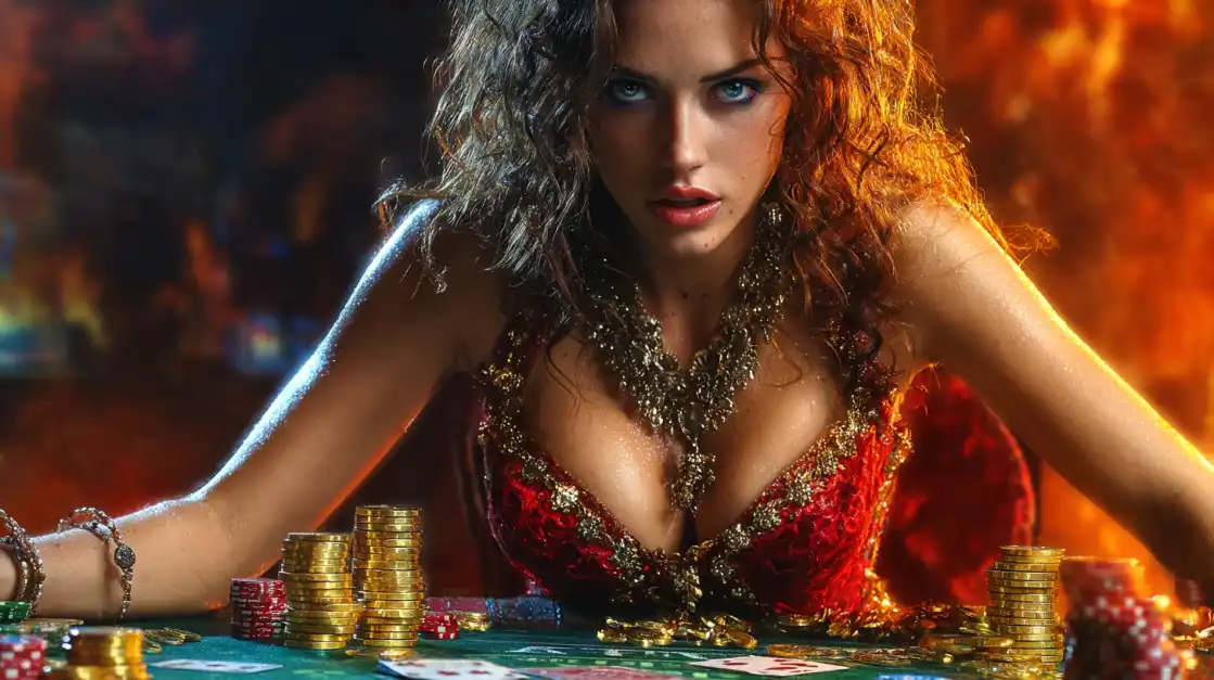Elegant brunette woman in red sequined dress at BDTFUN casino table with poker chips and golden coins in luxury setting
