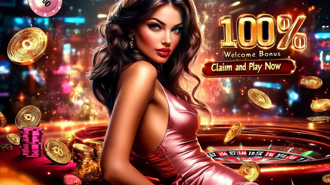 Glamorous brunette woman in pink metallic dress promoting BDTFUN 100% welcome bonus with golden coins and casino atmosphere