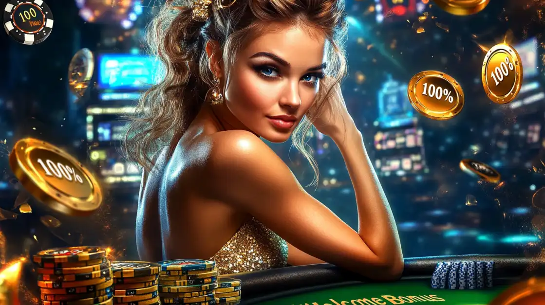 Glamorous woman with wavy hair at casino poker table surrounded by BDTFUN 100% bonus chips with neon city lights background atmosphere