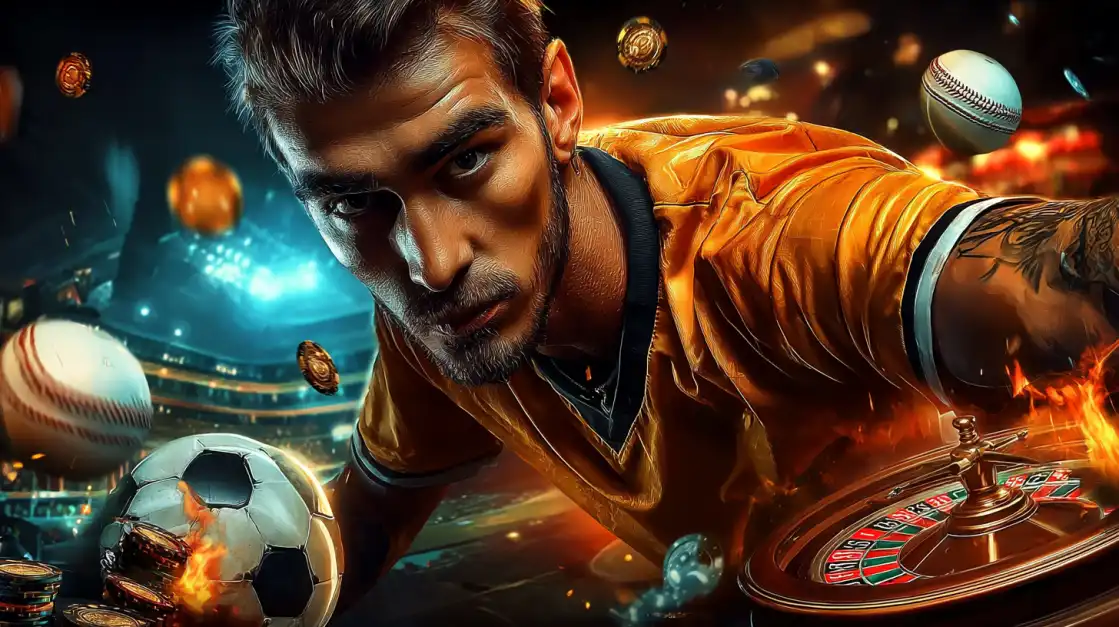 Intense bearded man in orange jacket at BDTFUN sports betting with roulette wheel, football and baseball in dynamic stadium atmosphere
