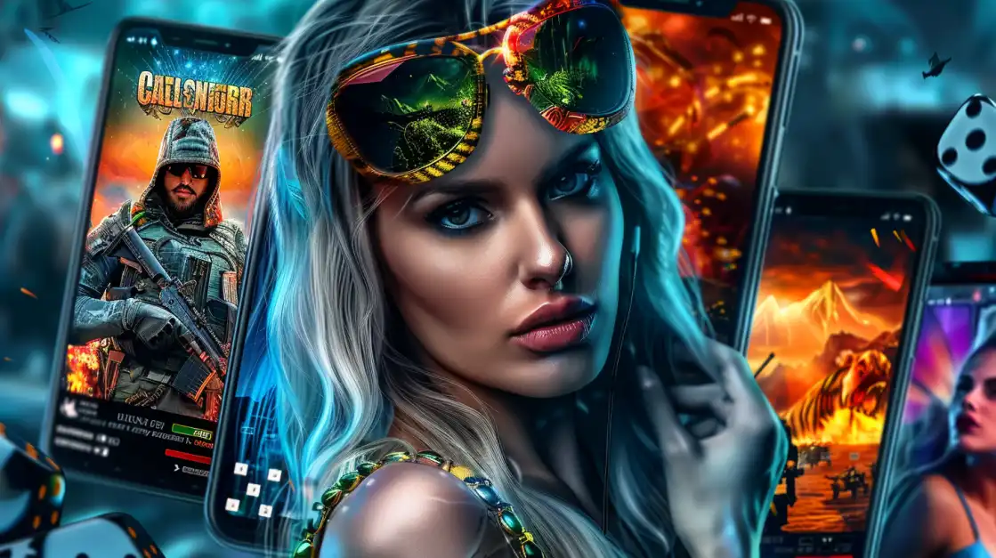 Stylish blonde woman with reflective sunglasses showcasing BDTFUN Call of War mobile gaming with military action and warfare themes