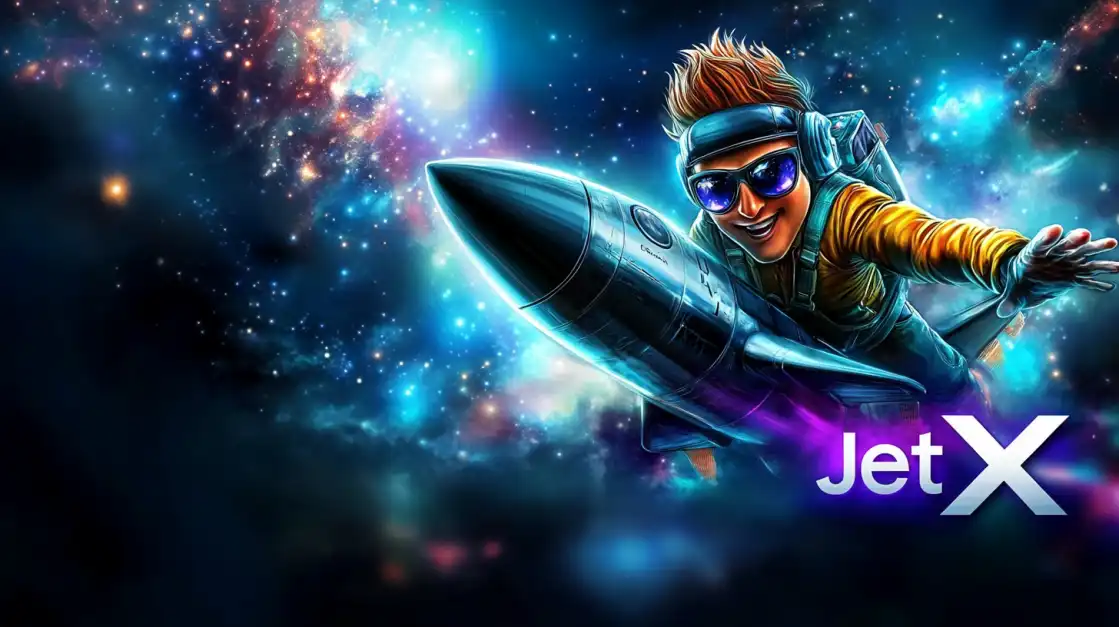 Blonde astronaut character riding futuristic spacecraft through colorful cosmic nebula for BDTFUN JetX crash game experience