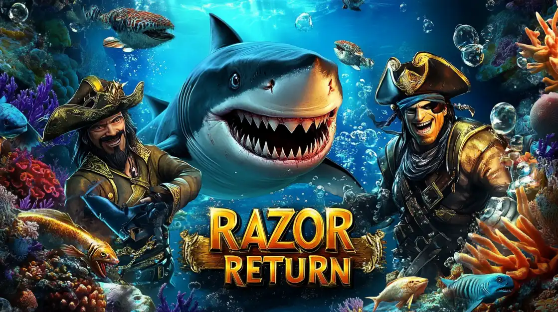 Two pirate captains underwater with menacing great white shark in coral reef setting for BDTFUN Razor Return slot adventure game