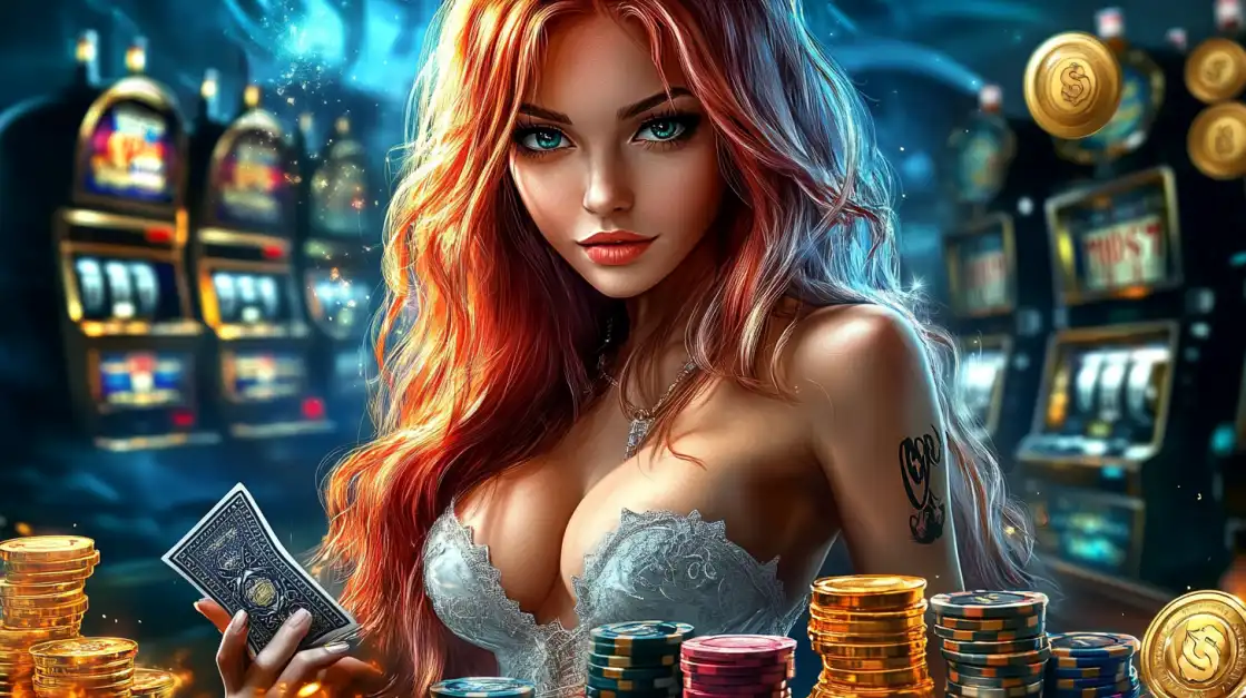Beautiful redhead woman with flowing hair in BDTFUN casino surrounded by slot machines holding poker cards and golden coins