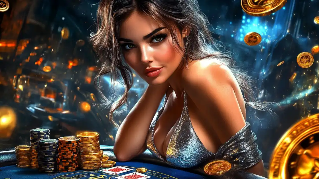 Stunning brunette woman in silver sequined dress at BDTFUN poker table with golden coins and casino chips in luxury setting