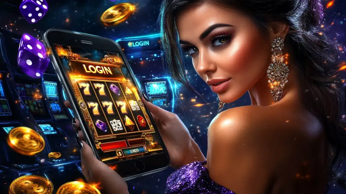Beautiful woman with ornate earrings holding BDTFUN mobile slot machine showing login screen surrounded by purple dice and golden coins