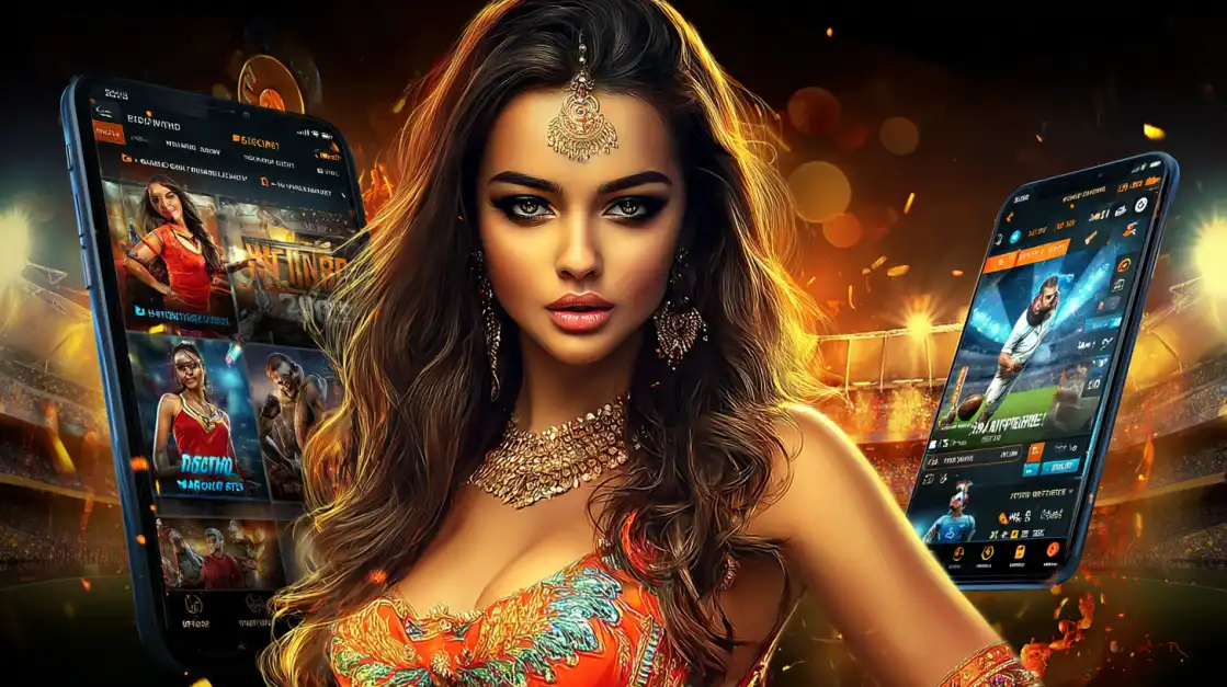 Beautiful Indian woman with traditional forehead jewelry showcasing BDTFUN casino gaming across multiple mobile devices with golden atmosphere
