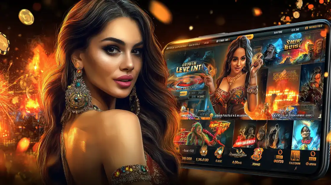 Elegant woman with ornate traditional jewelry showcasing BDTFUN casino gaming interface with multiple slot games and golden atmosphere