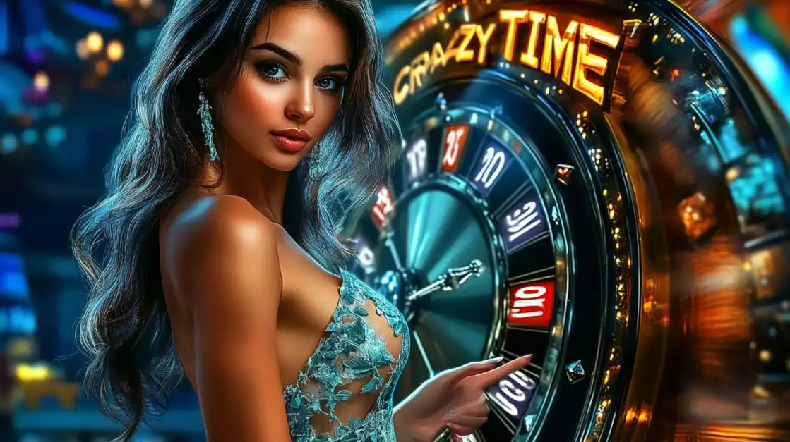 Beautiful woman with long dark hair positioned in front of BDTFUN Crazy Time casino roulette wheel in luxury blue atmosphere