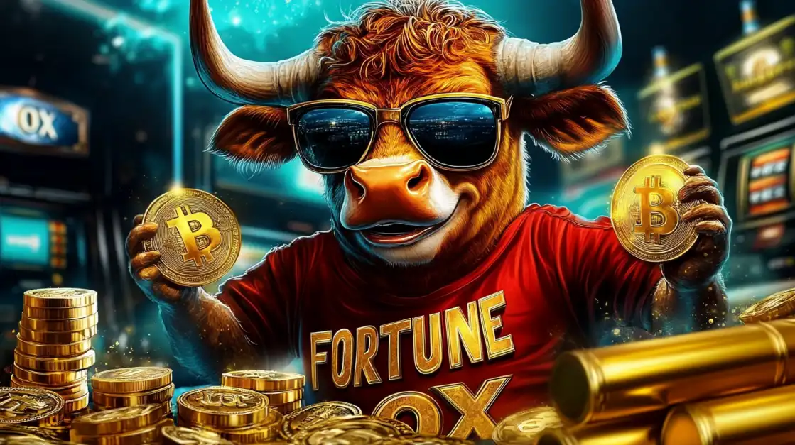 Cool bull character wearing sunglasses holding Bitcoin cryptocurrency coins for BDTFUN Fortune OX trading and casino games