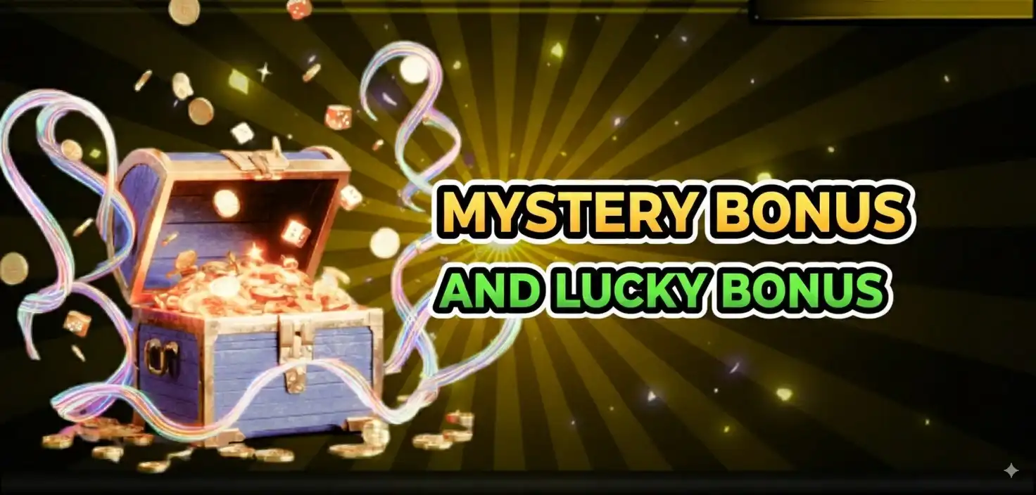 Magical treasure chest overflowing with golden coins and ribbons for BDTFUN mystery bonus and lucky bonus rewards promotion