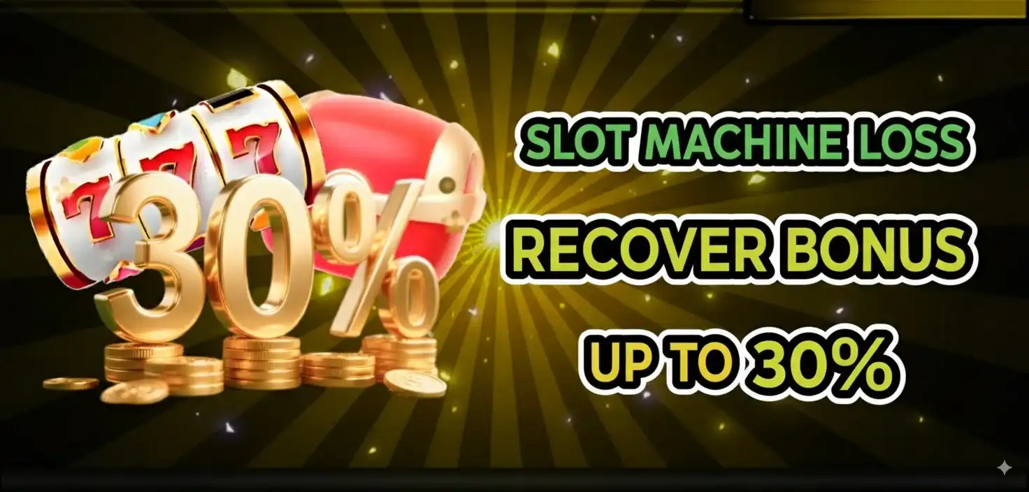 Golden slot machine reels showing lucky sevens with stacked coins promoting BDTFUN slot machine loss recovery bonus up to 30 percent