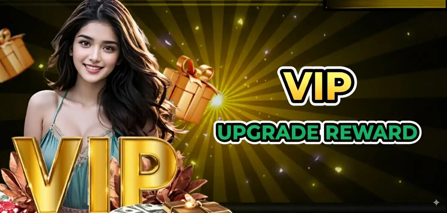 Beautiful Asian woman with flowing hair surrounded by golden gift boxes promoting BDTFUN VIP upgrade rewards with radiant golden background
